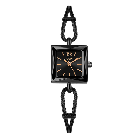 Refined Minimalist – Women’s Black Alloy Bracelet Small Square Dial Quartz Watch