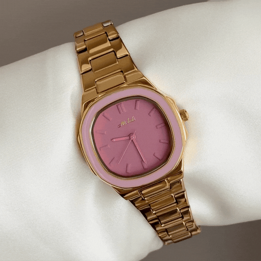 Modern Luxe: Pink Rectangular Dial Watch with Gold Stainless Steel Bracelet