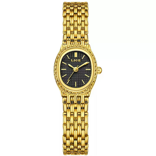 Oval Black Dial Watch - Gold Bezel & Bracelet | Women's Quartz