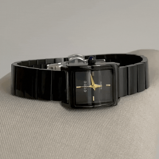 Monochrome Edge – Square Black Dial Watch with Sleek Steel Band