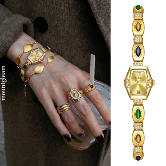 French Vintage Gemstone Inlay Bracelet Quartz Watch with Barrel-Shaped Gold Case