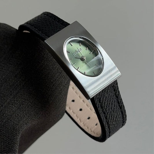 Vintage Rectangular Watch for Women – Green Oval Dial with Black Textured Leather Strap