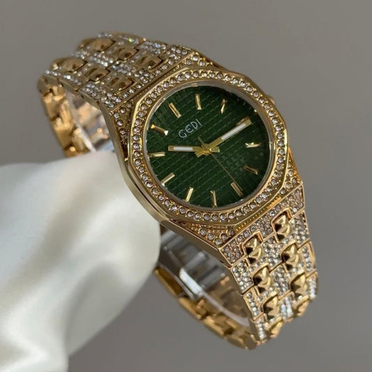 Bling Rhinestone Gold Wristwatch with Emerald Green Patterned Dial – Elegant Quartz Jewelry Watch for Women