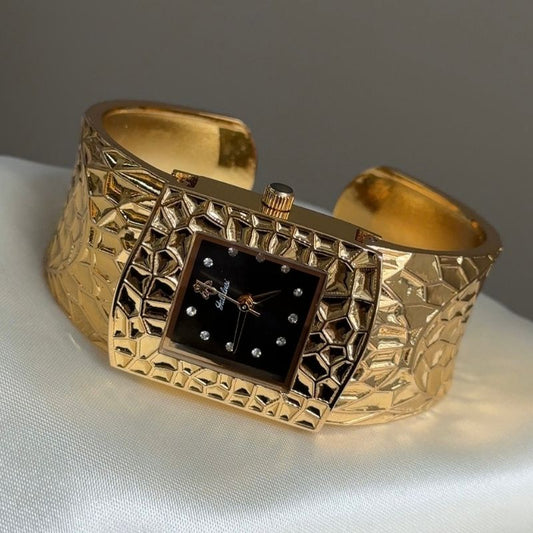 Textured Gold Wide Cuff Bangle Watch with Square Black Dial & Crystal Markers