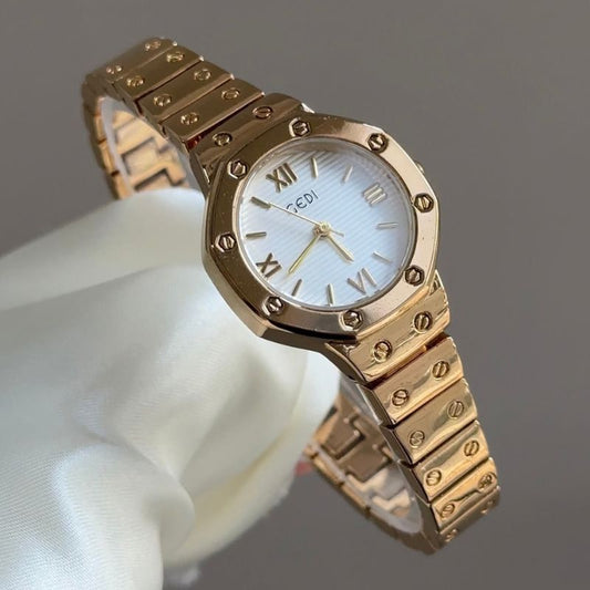 Gold Screw Accent Quartz Watch with White Roman Numeral Dial