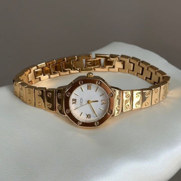 Gold Screw Accent Quartz Watch with White Roman Numeral Dial