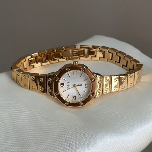 Gold Screw Accent Quartz Watch with White Roman Numeral Dial