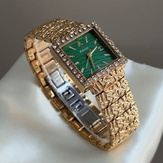 Vintage Gold Textured Watch with Green Dial, Date Display & Crystal Bezel