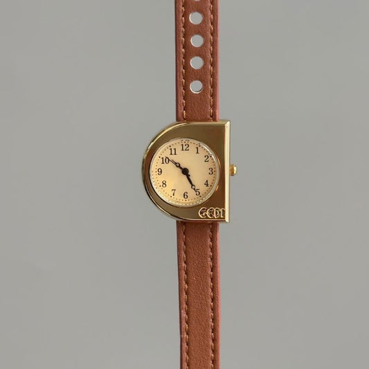 Vintage Petite Gold D-Shape Watch with Cream Arabic Dial & Brown Leather Strap