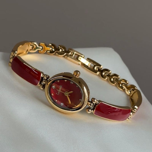 Vintage Petite Oval Gold Watch with Red Dial & Enamel Link Bracelet