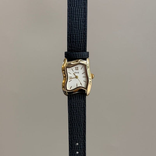 Vintage Asymmetrical Melted Gold Watch with White Dial & Black Leather Strap