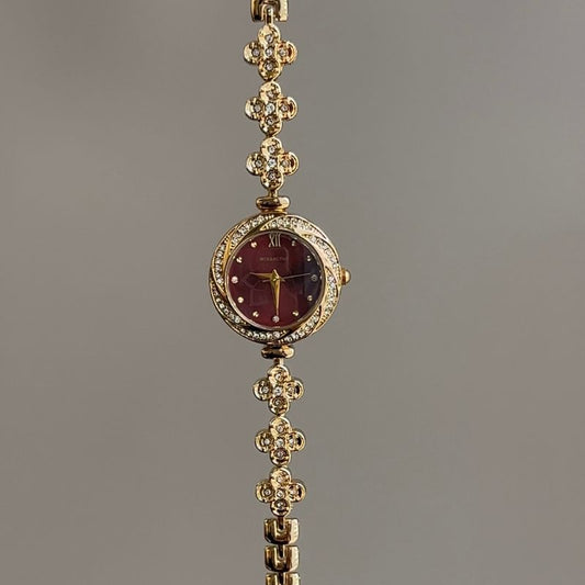 Vintage Petite Gold Watch with Burgundy Dial & Paved Clover Bracelet