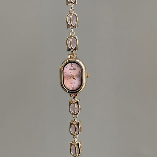 Vintage Petite Gold Oval Watch with Pastel Pink Dial & Tulip Chain Bracelet