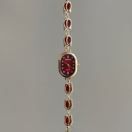 Vintage Petite Gold Oval Watch with Burgundy Dial & Red Tulip Bracelet