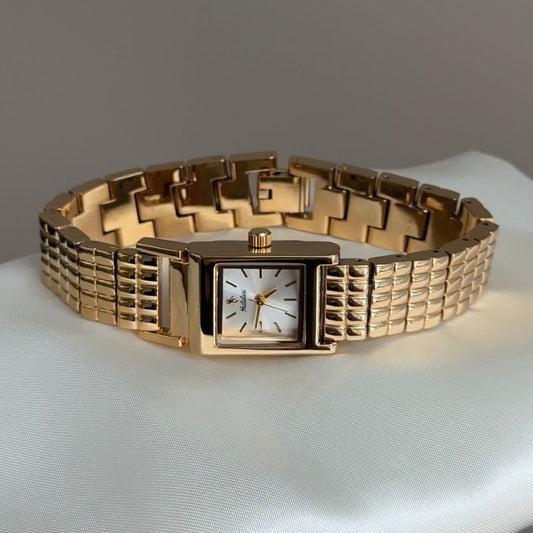 Vintage Petite Gold Square Tank Watch with Gold Dial & Five-Link Bracelet