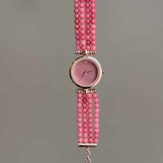 Vintage Petite Gold Round Watch with Dusty Pink Dial & Multi-Strand Beaded Bracelet