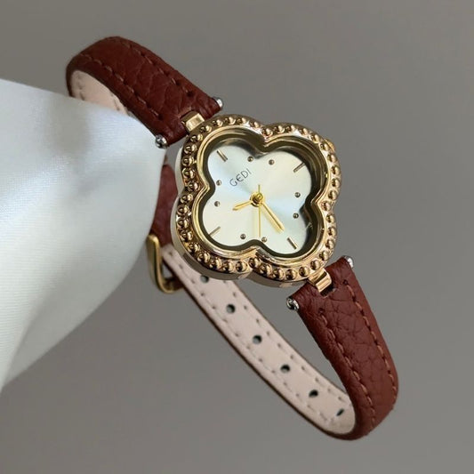 Vintage Petite Clover Gold Watch with Beaded Bezel & Brown Leather Strap