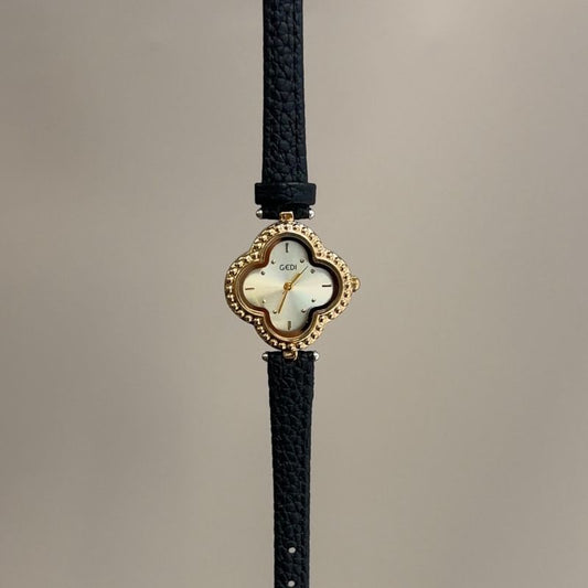 Vintage Petite Clover Gold Watch with Beaded Bezel & Black Leather Strap