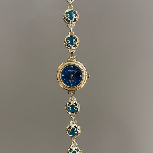 Vintage Petite Watch with Royal Blue Sunray Dial & Filigree Gemstone Bracelet