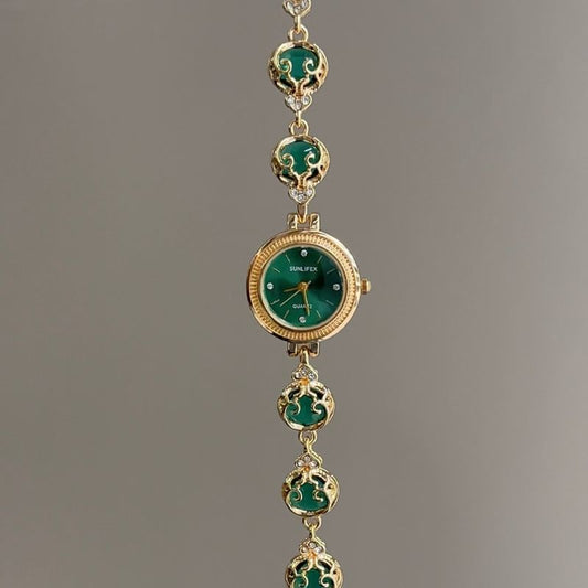 Vintage Petite Watch with Emerald Green Sunray Dial & Filigree Gemstone Bracelet