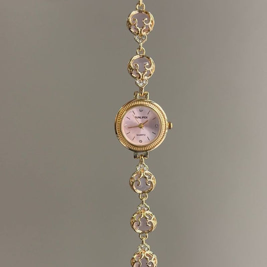 Vintage Petite Watch with Soft Pink Sunray Dial & Filigree Gemstone Bracelet