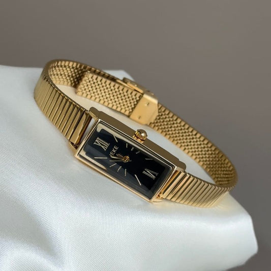 Vintage Petite Gold Tank Watch with Black Roman Dial & Mesh Bracelet