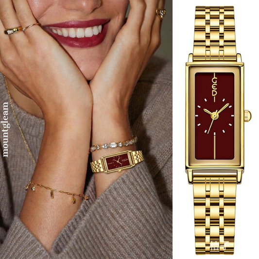Montre à quartz rectangulaire de luxe avec bracelet en acier doré et cadran rouge angora