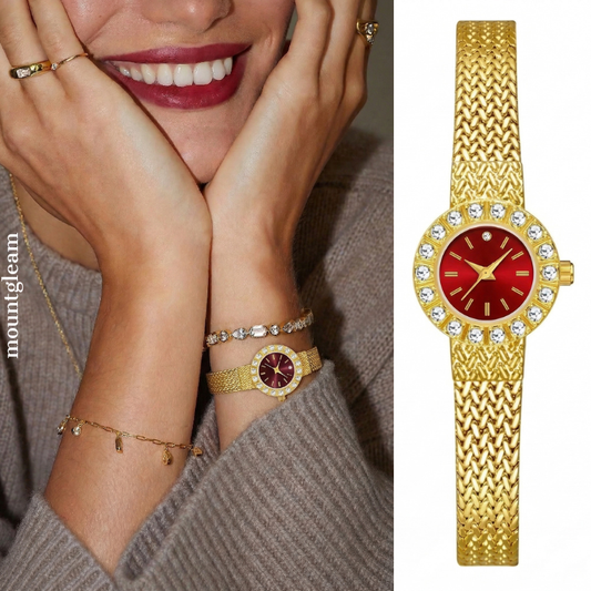 Bold Glamour : Red Round Dial Watch with Gold Diamond Bezel & Wheat Pattern Bracelet