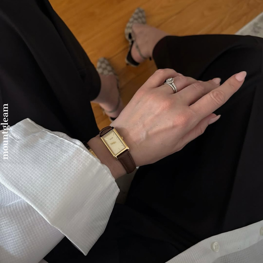 Elegant Square Watch with Gold Dial & Brown Genuine Leather Strap