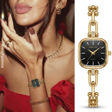 Elegant Gold Watch for Women – Black Square Dial Design