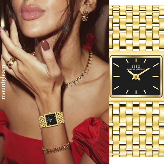 Gold Women’s Wide Strap Square Black Dial Quartz Watch Old Money Style – Noir Héritage