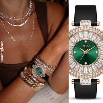Modern Luxury Watch: Green Diamond Dial, Crystal Frame & Vegan Leather