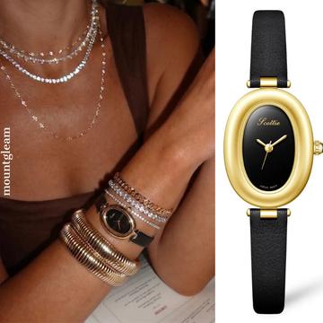 Classic Women’s Fashion Watch – Black Leather Strap with Gold Oval Bathtub Case