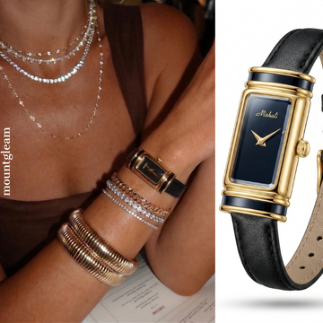 Elegant Refine – Women’s Black Leather Strap Gold Rectangular Case Small Black Dial Quartz Watch