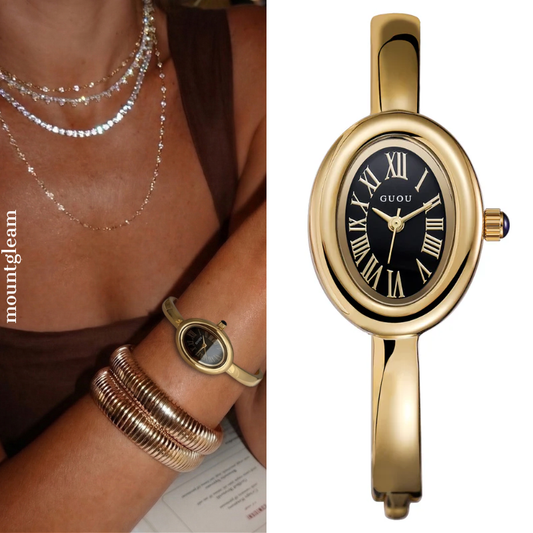 Black Tonneau Gold Bangle Watch for Women – Elegant Quartz Timepiece