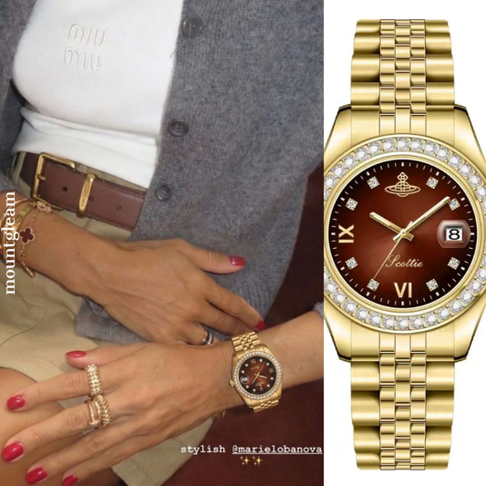 Vintage Light Luxury Brown Round Dial Diamond Watch – Stainless Steel Quartz Bracelet