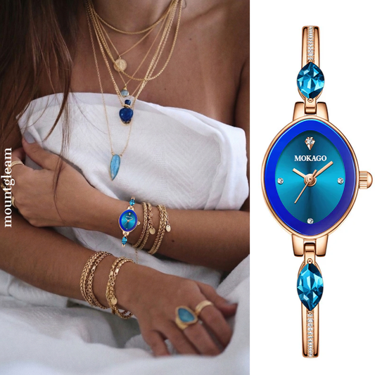 Rose Gold Women’s Slim Diamond Strap Blue Oval Gem Dial Quartz Watch Luxury Elegant Style – Sapphire Grace