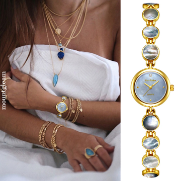 Goldene Damen-Armreifuhr – Elegante Quarzuhr im Armband-Stil mit rundem Perlmuttzifferblatt | Halo