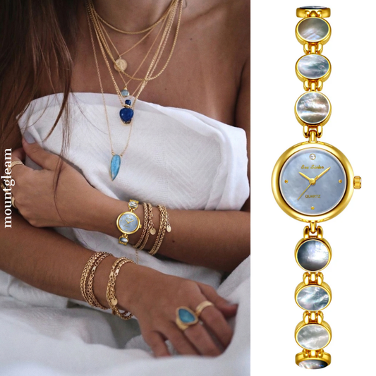 Gold Women’s Watch – Elegant Bracelet-Style Round Mother of Pearl Dial Quartz Watch | Halo