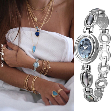Oceanic Elegance: Blue Oval Dial with Silver Bezel & Abalone Sapphire Bracelet