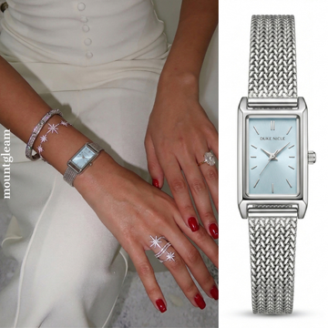 Sophisticated Versatility: Sapphire Blue Elongated Rectangular Dial Watch with Silver Stainless Steel Bracelet