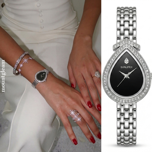 Silver Women’s Watch – Teardrop Crystal Case with Black Dial | Dainty Bracelet Style | Dew