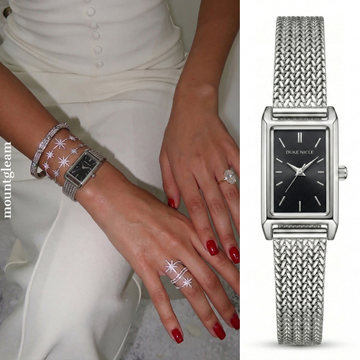 Monochrome Noir: Elongated Rectangular Dial Watch with Silver Stainless Steel Bracelet