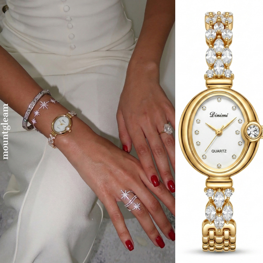 Classic Oval White Dial Golden Watch with Sparkling Two Tone Alloy Bracelet Quartz Movement