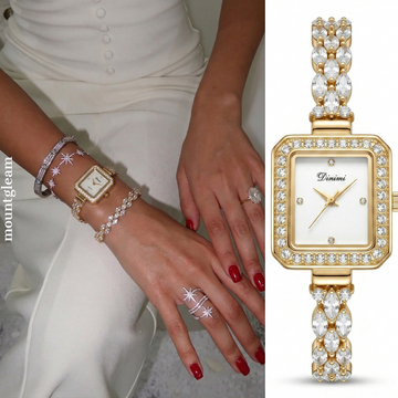 Luxury White Rectangular Diamond Gold Frame Dual-Tone Silver Gold Bracelet Quartz Watch