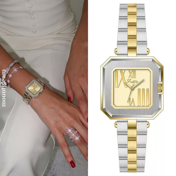 Two-Tone Modern: Gold Rectangular Dial Watch with Silver Stainless Steel Bracelet