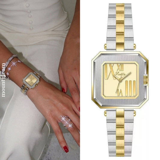 Two-Tone Modern: Gold Rectangular Dial Watch with Silver Stainless Steel Bracelet