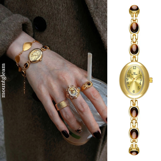Luxury Tiger Eye Stone Watch – Vintage Gold Bracelet Women’s Jewelry Timepiece