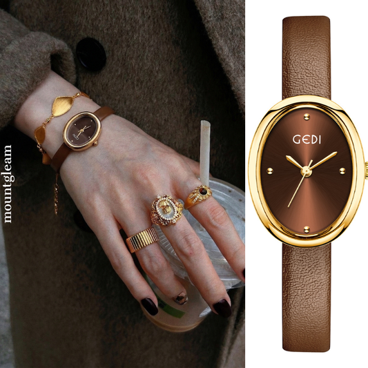 Brown Leather Oval Watch for Women | Ultra-Thin Strap, Elegant Oval Dial