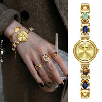 Gold Women’s Watch – Gemstone-Embellished Round Dial Watch with Gold Bracelet | Solora